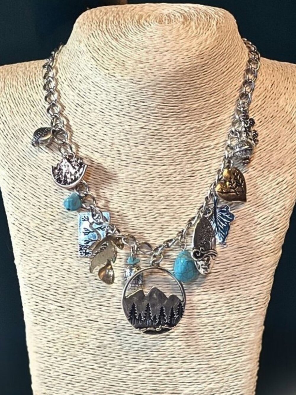 NEW Walk In The Forest Silver Tree Theme Charm Necklace with Turquoise Nuggets